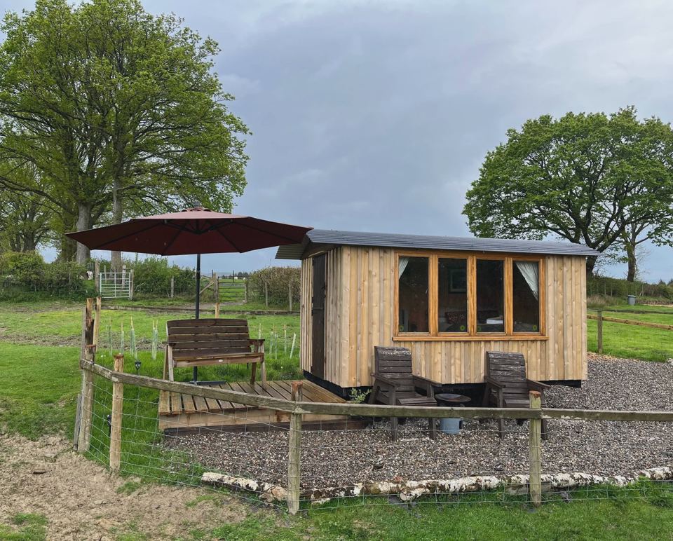 Shepherd's hut with seating area