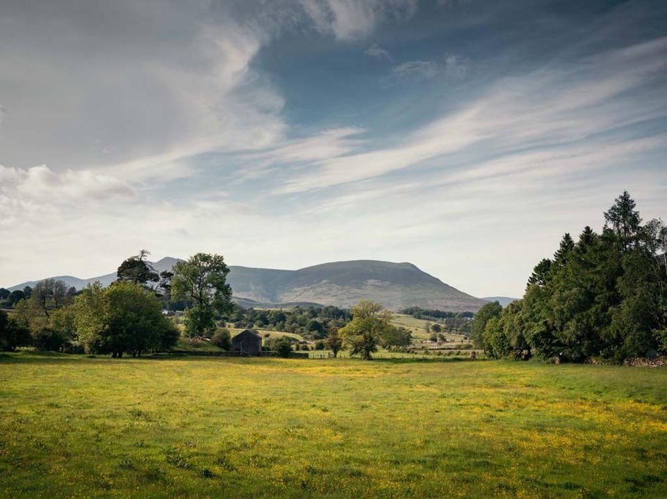 Empty meadow with hills beyond