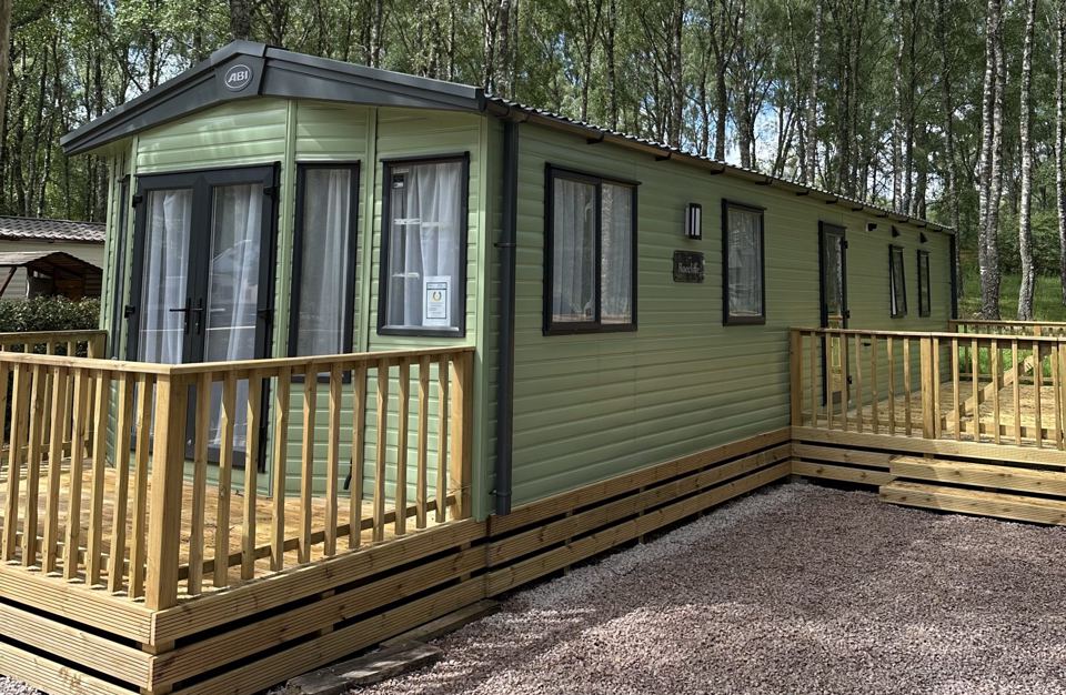 Static caravan with decking