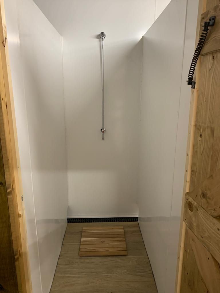 Inside a shower cubicle