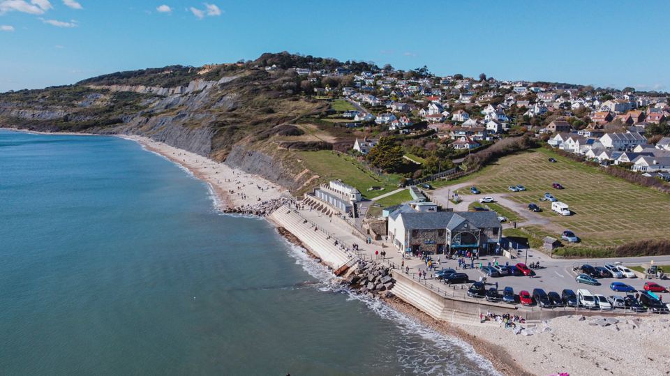 Aerial view of the beach and village