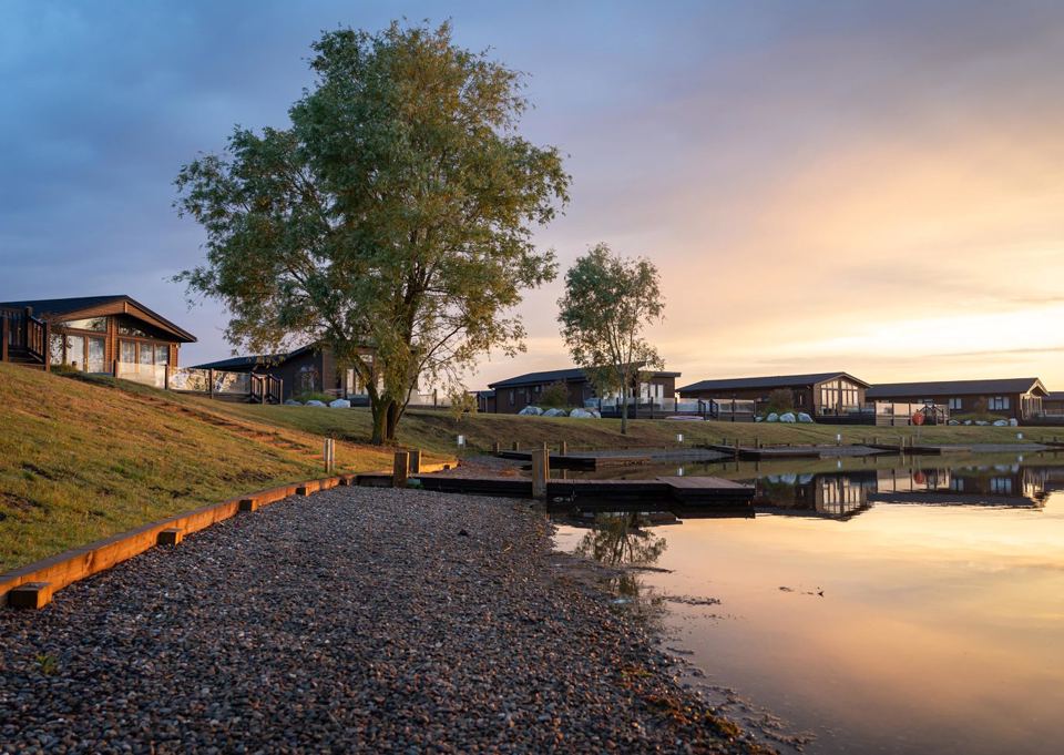 Lakeside lodges at sunset