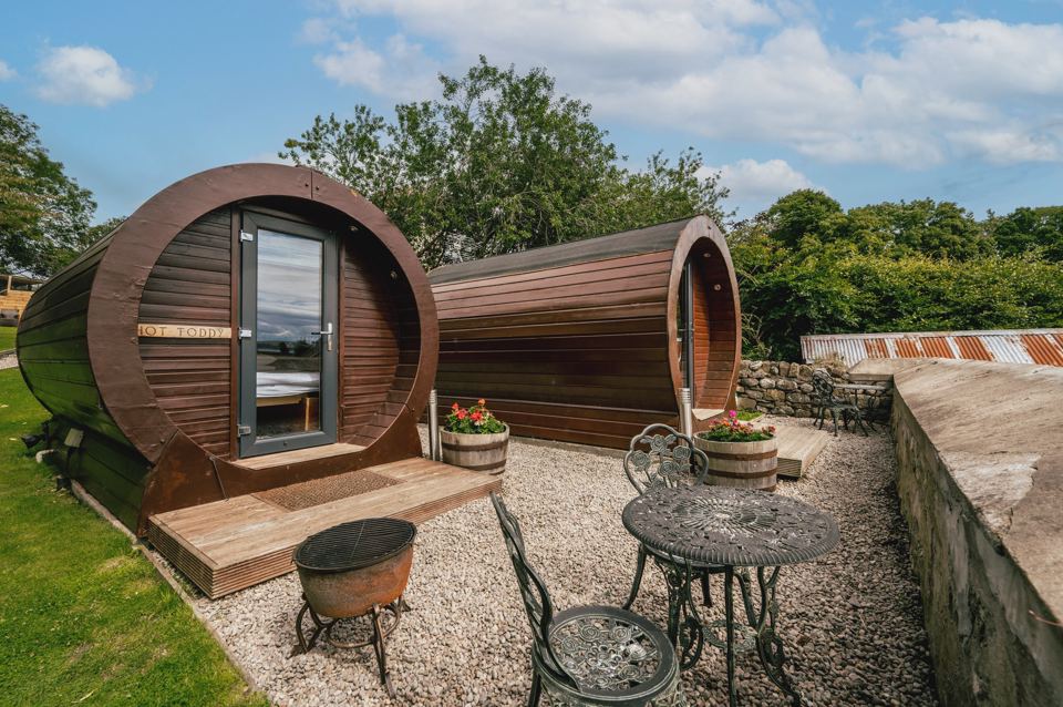 Barrel pod with seating and fire pit