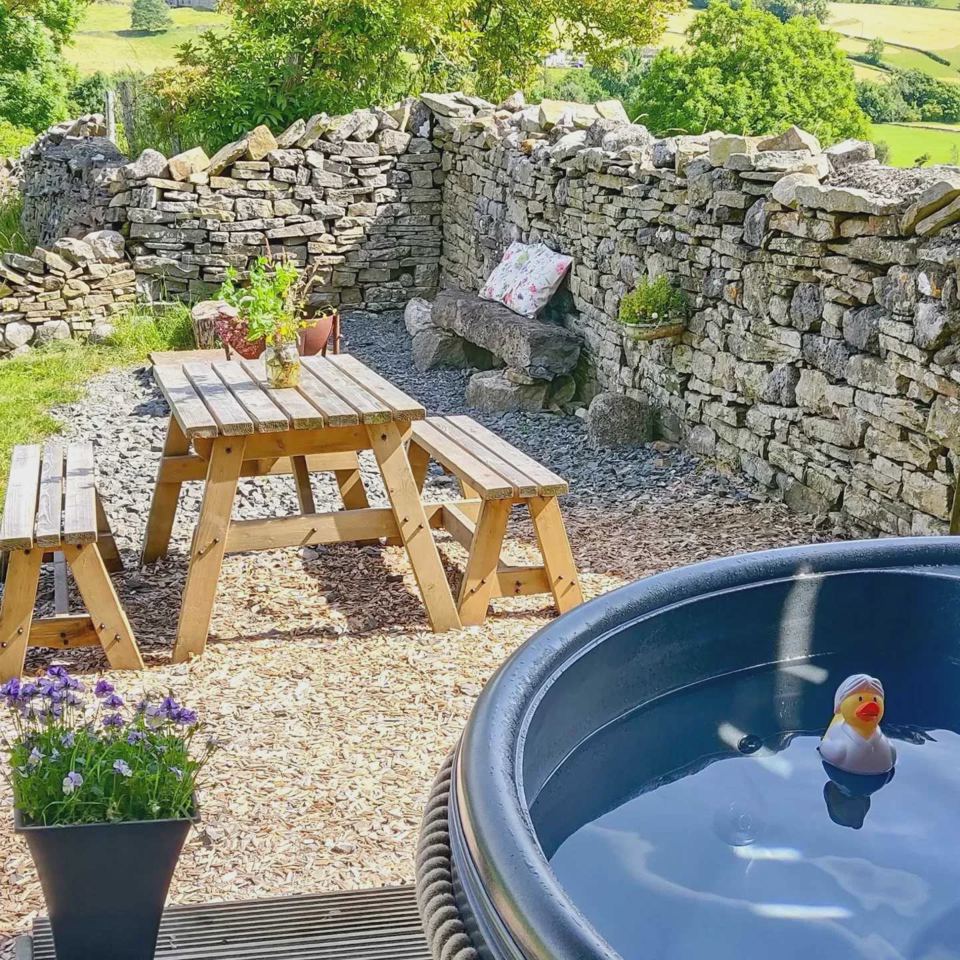 Picnic table and hot tub