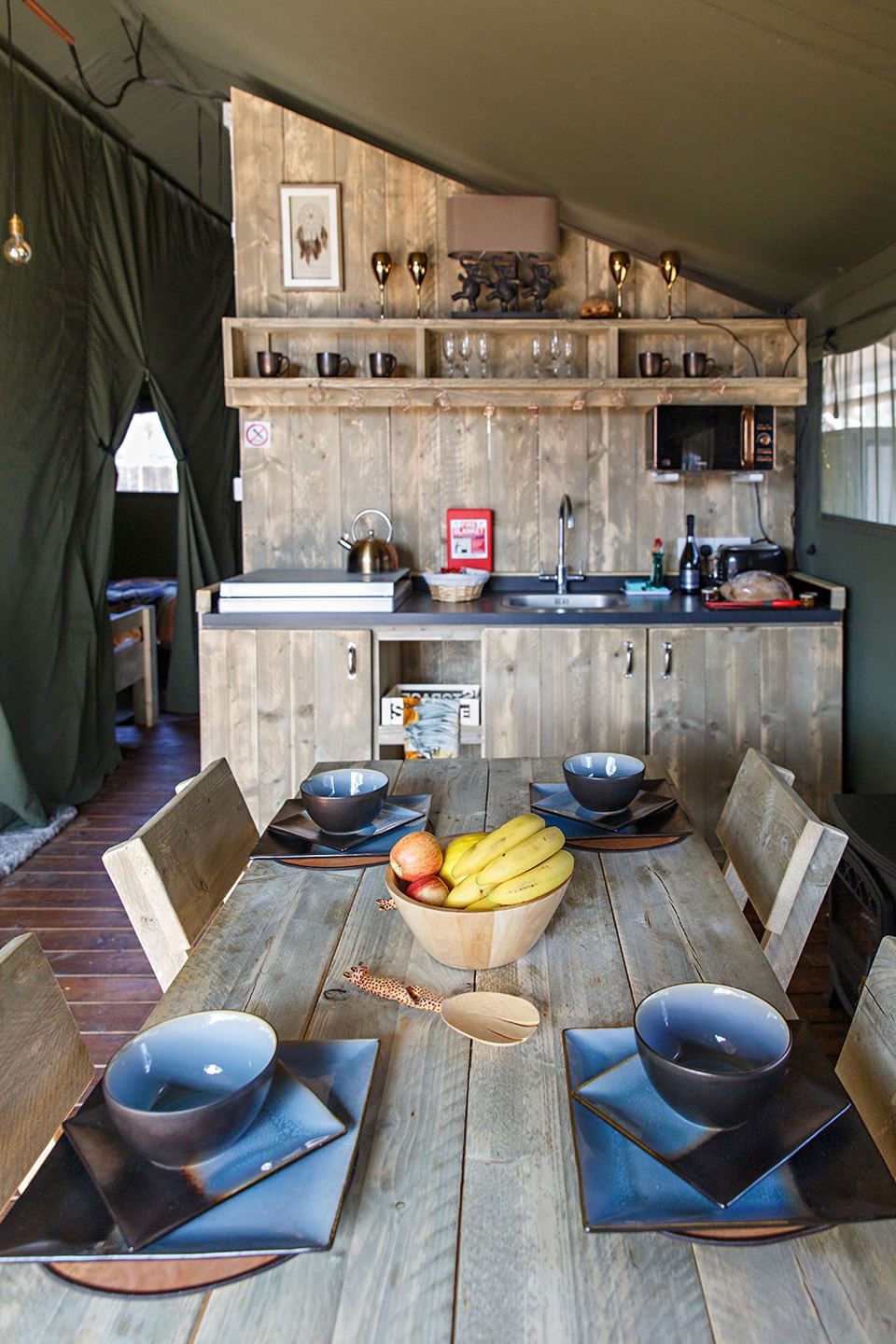 Safari tent kitchen and dining table