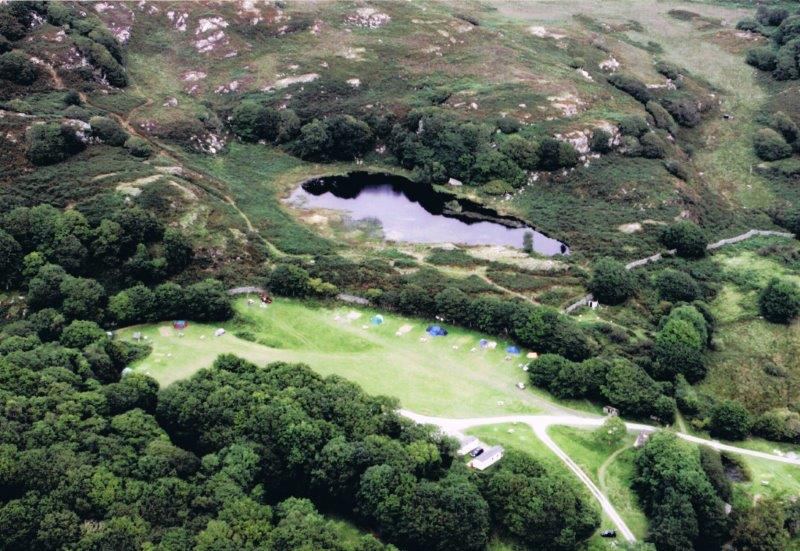 Campsite fields and lake from above
