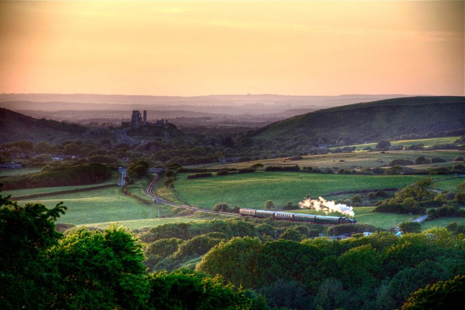 Steam train below Corfe Castle
