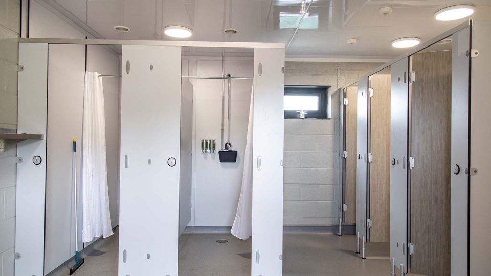 Inside the shower block