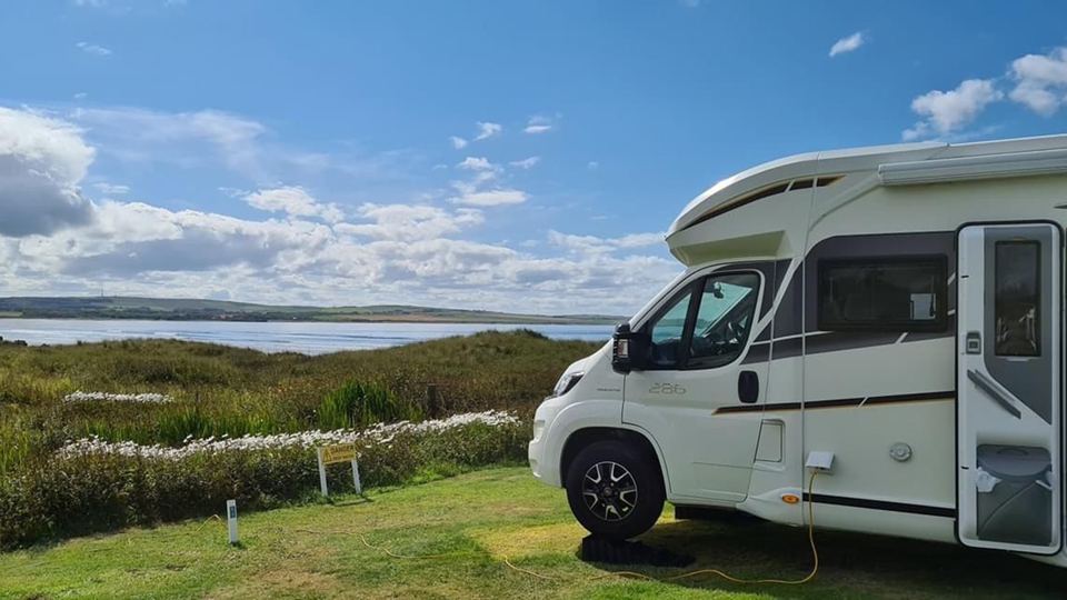 Motorhome pitch looking to the bay