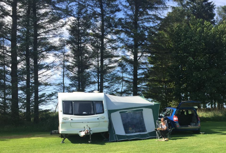 Caravan and awning among the trees