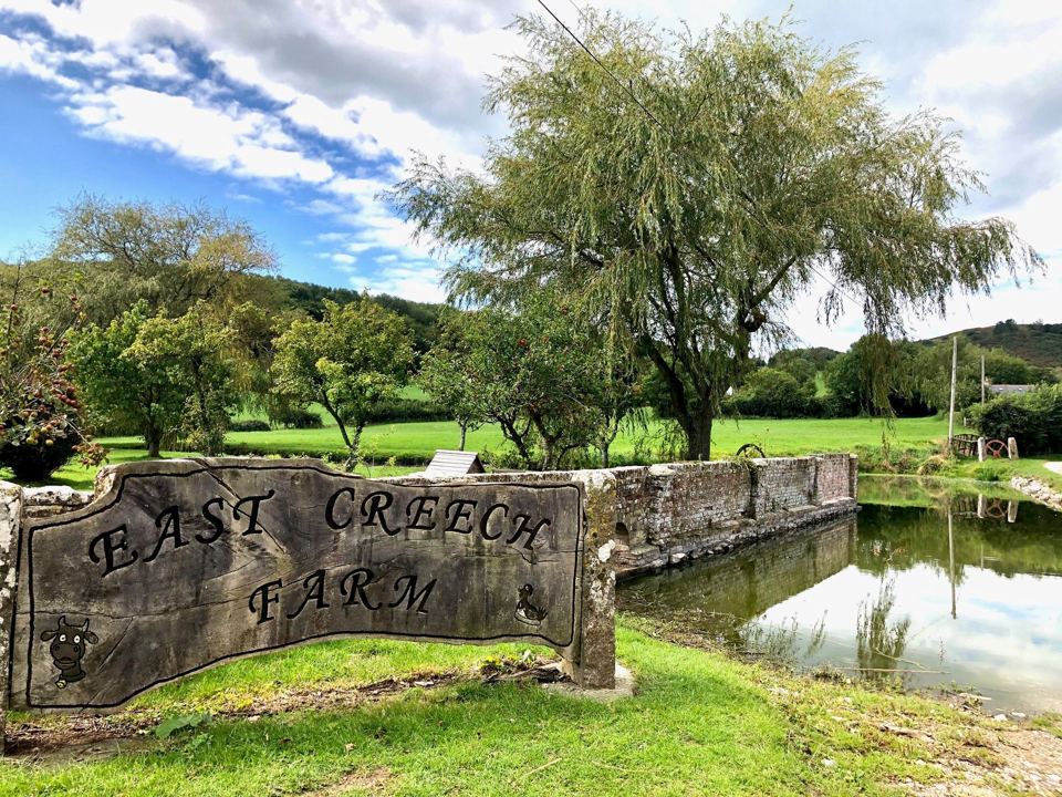 Farm sign by the pond