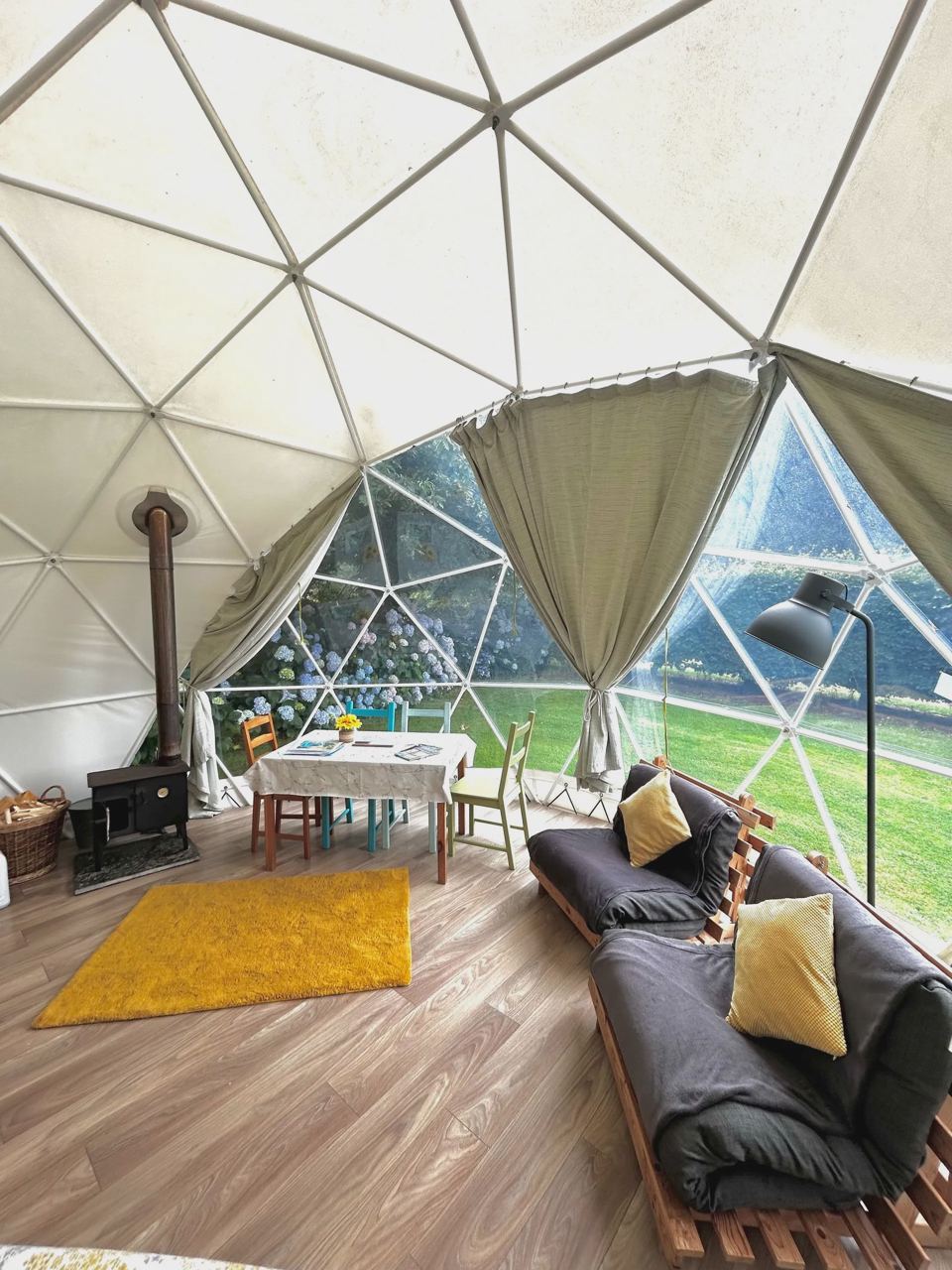 Geodome sitting area and log burner