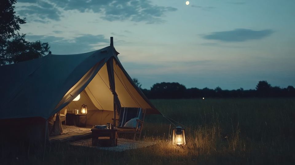 Bell tent at dusk with lantern