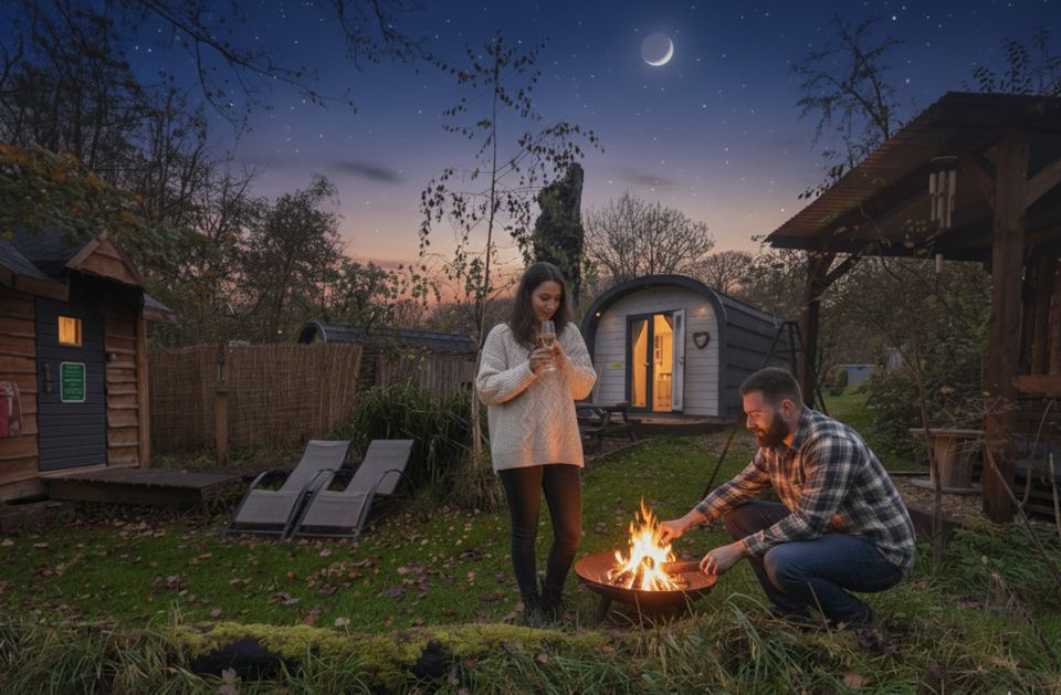 Fire-pit outside a woodland pod