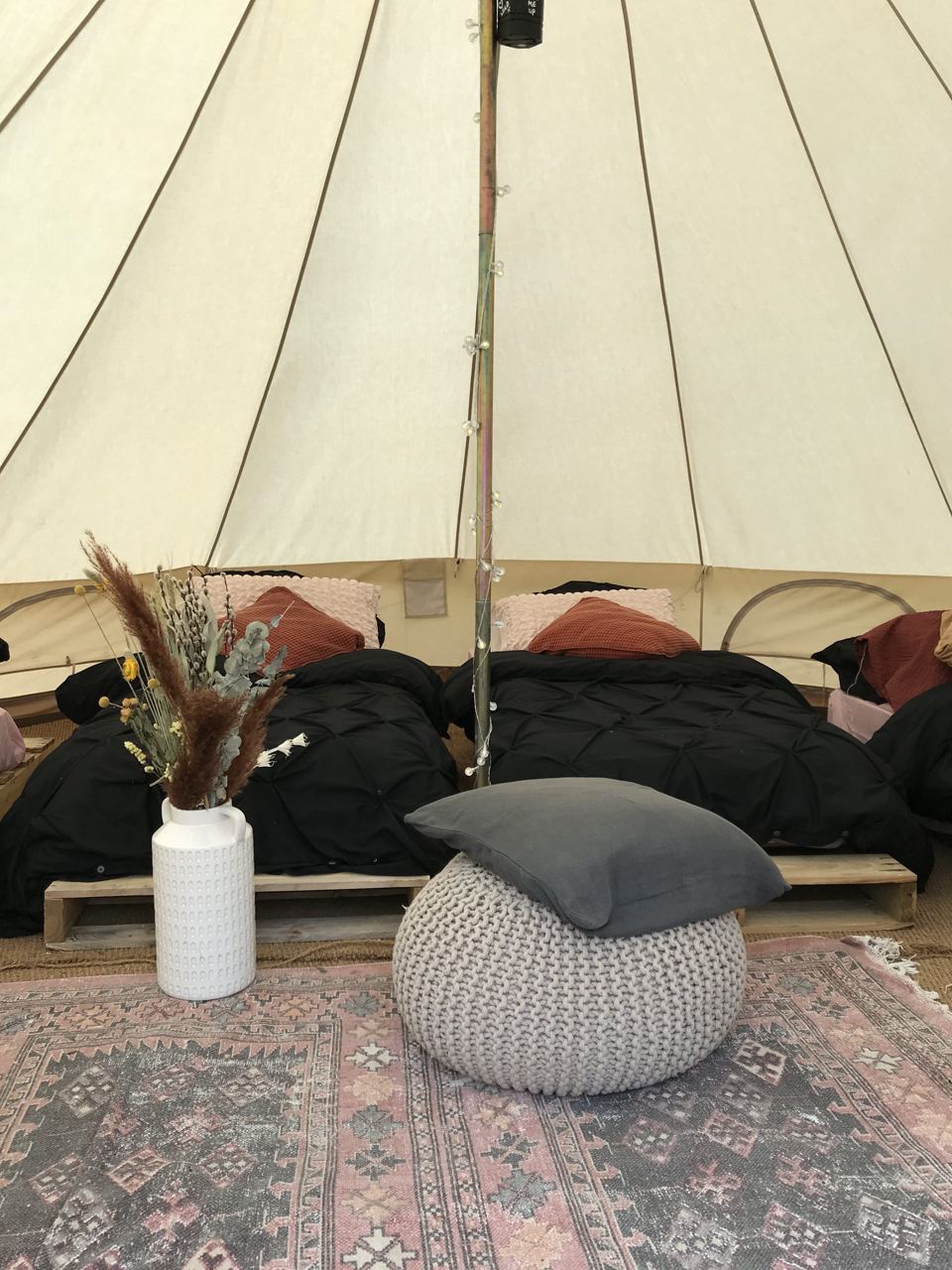 Bed made up inside the tent