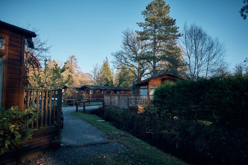 Timber lodges along a path