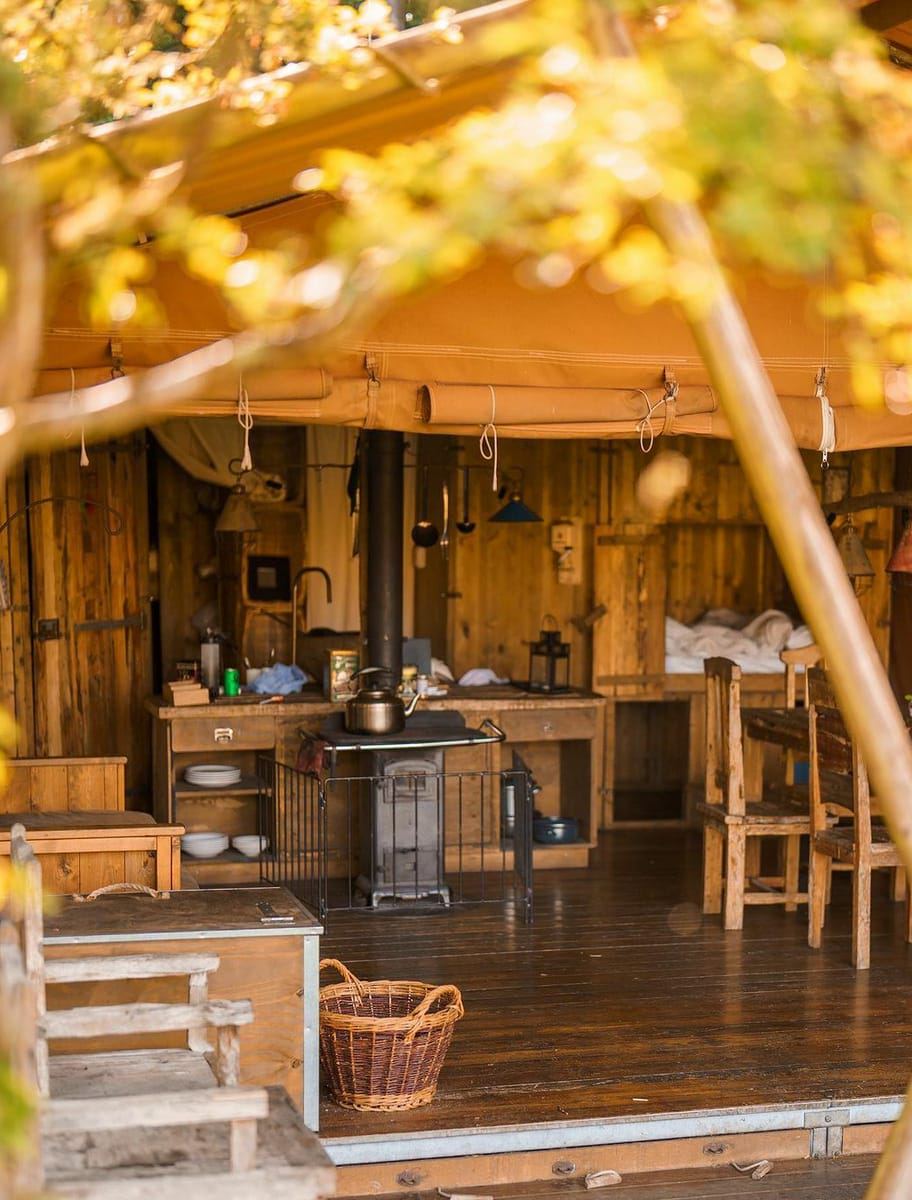Inside a canvas hideaway