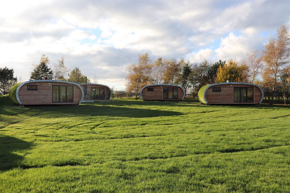 Row of Escape Pods on the lawn