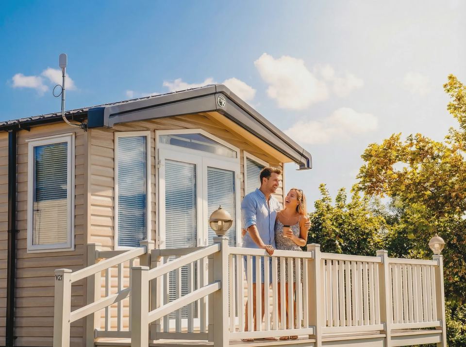 Static caravan with decking