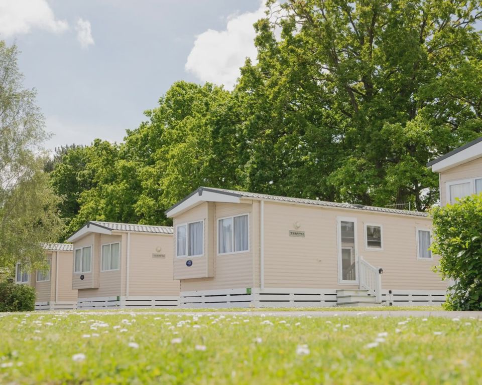 Row of caravans on grass