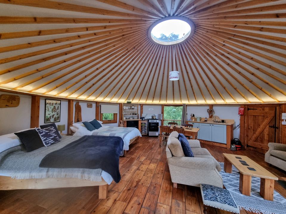 Inside a wooden yurt