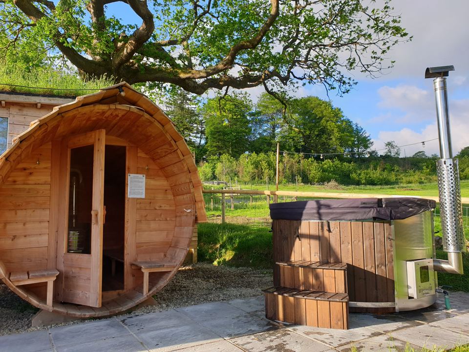 Barrel sauna and wood-fired hot tub