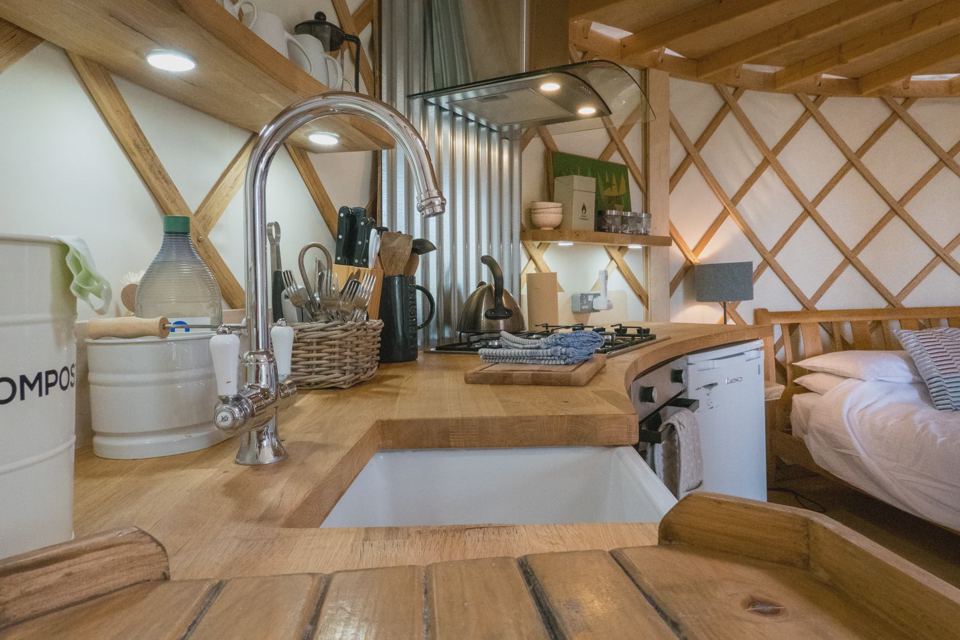 Yurt kitchen with Belfast sink