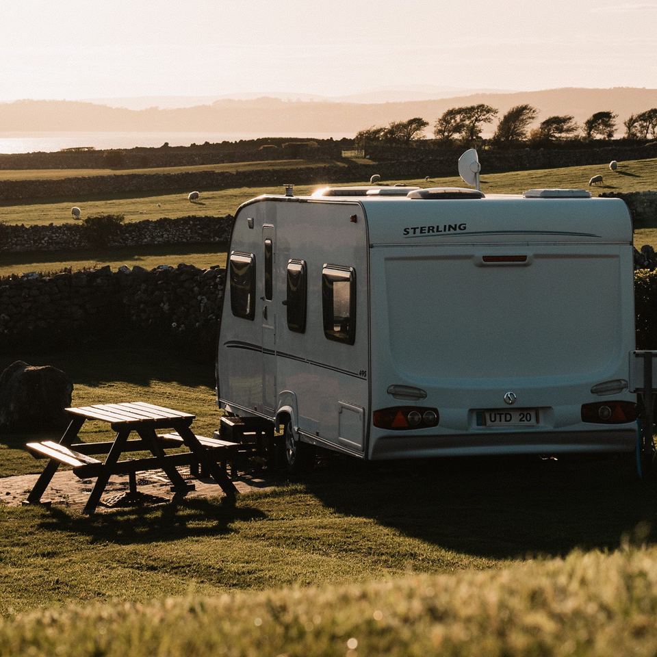 Caravan and picnic bench