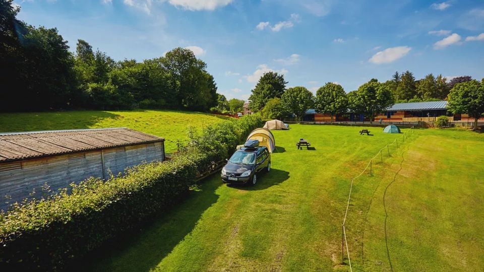 Tent field with hedge
