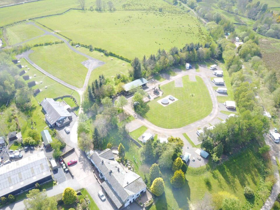 Aerial view of the farm and fields