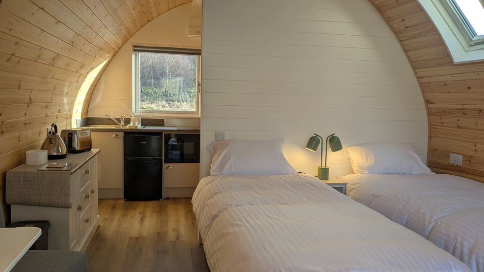 Twin beds inside a pod