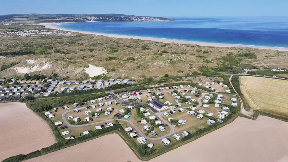 Aerial view of beach and campsite