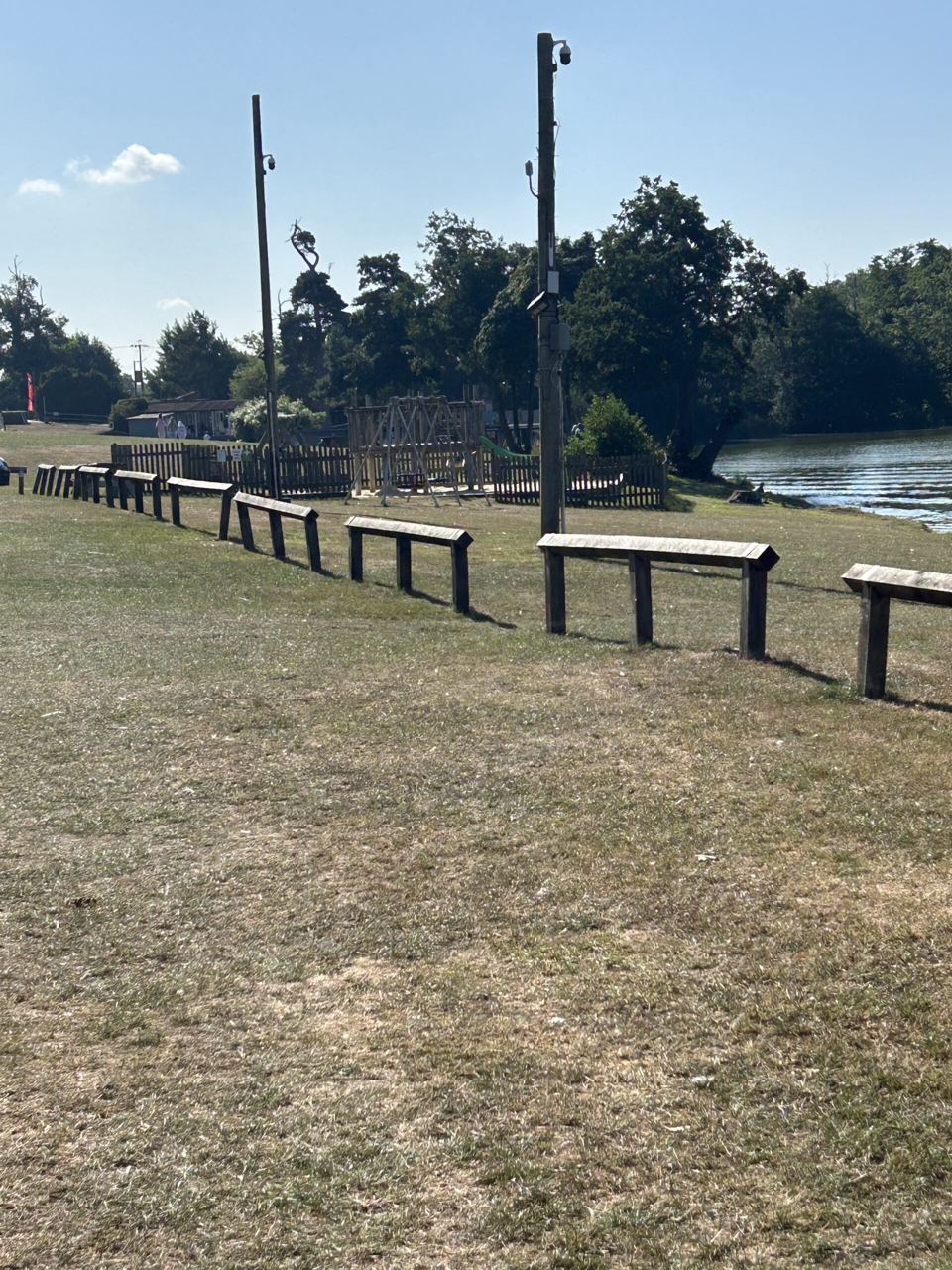 Picnic benches by the lake