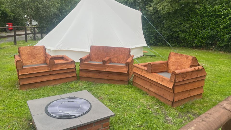 Bell tent, seating and fire pit