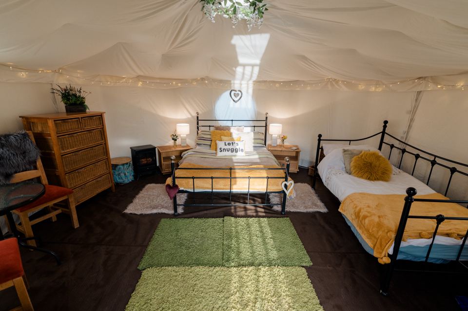 Inside a glamping tent