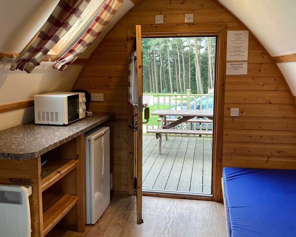 Inside a glamping cabin