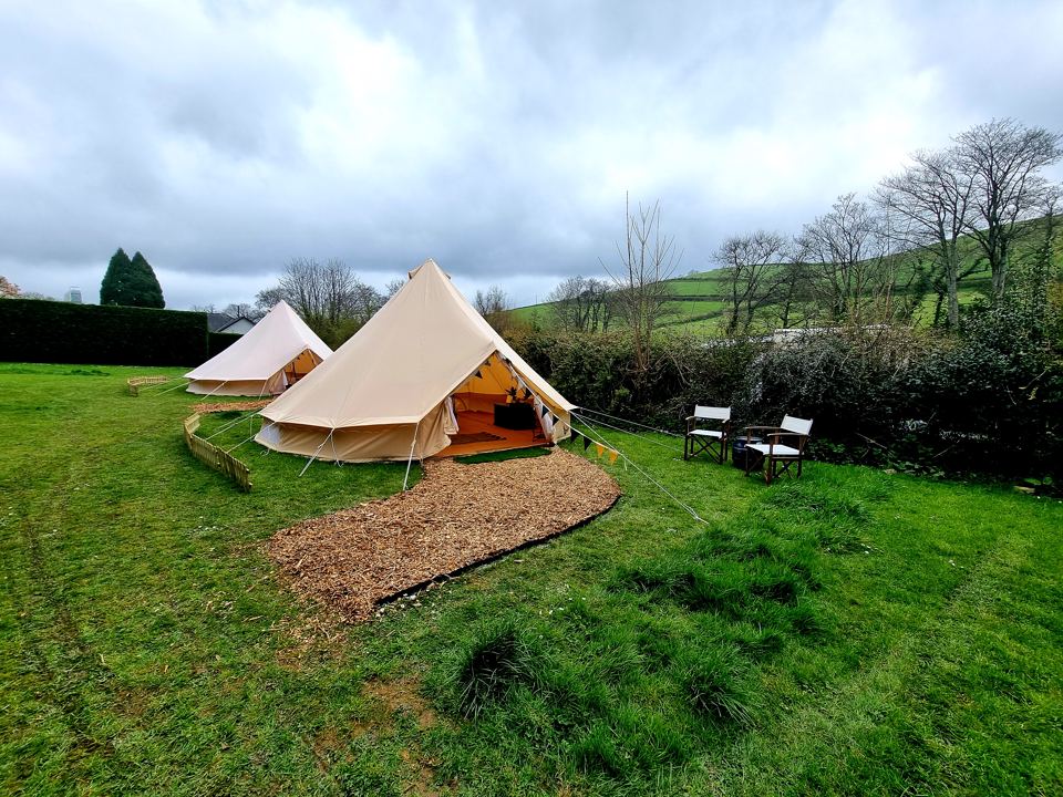 Bell tents on the grass by the hedge