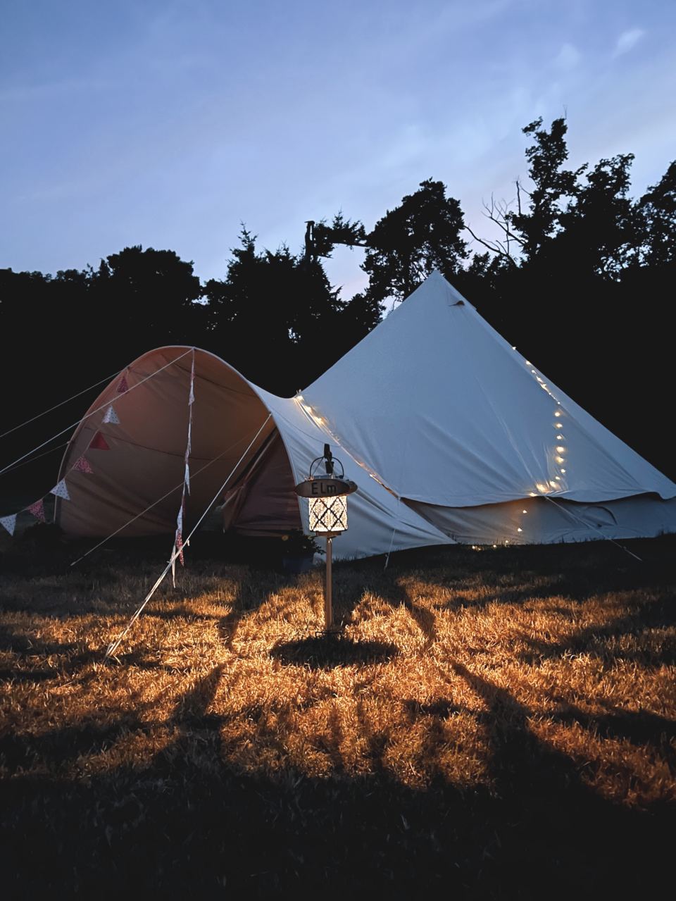 Bell tents lit at dusk