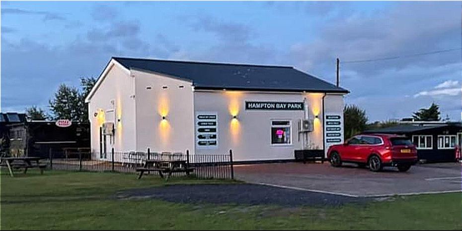 Reception building at dusk
