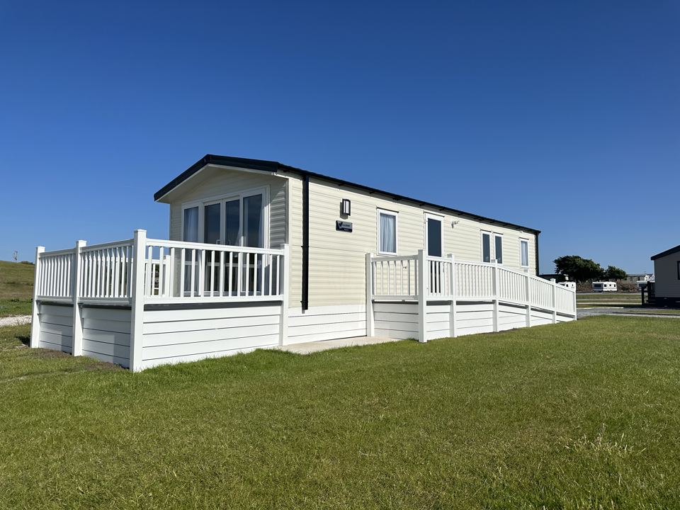 Static caravan with decking