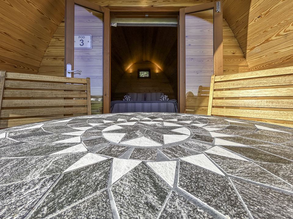 Pod entrance and bedroom