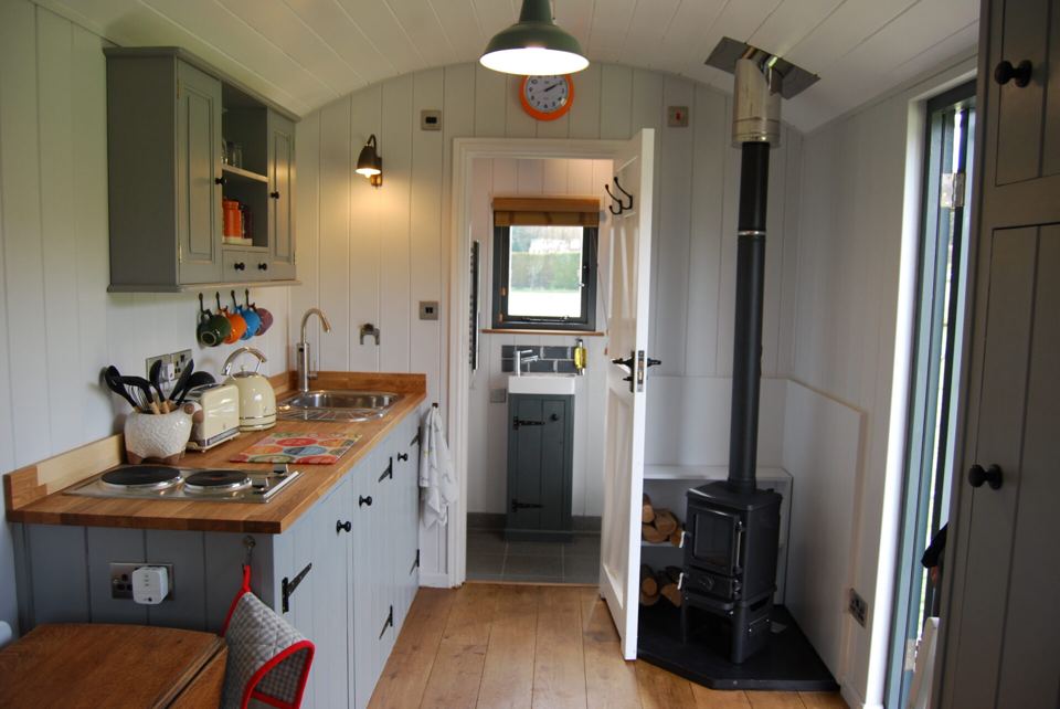 Hut kitchen and wood burner