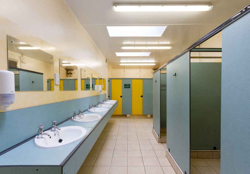 Inside the toilet and shower block
