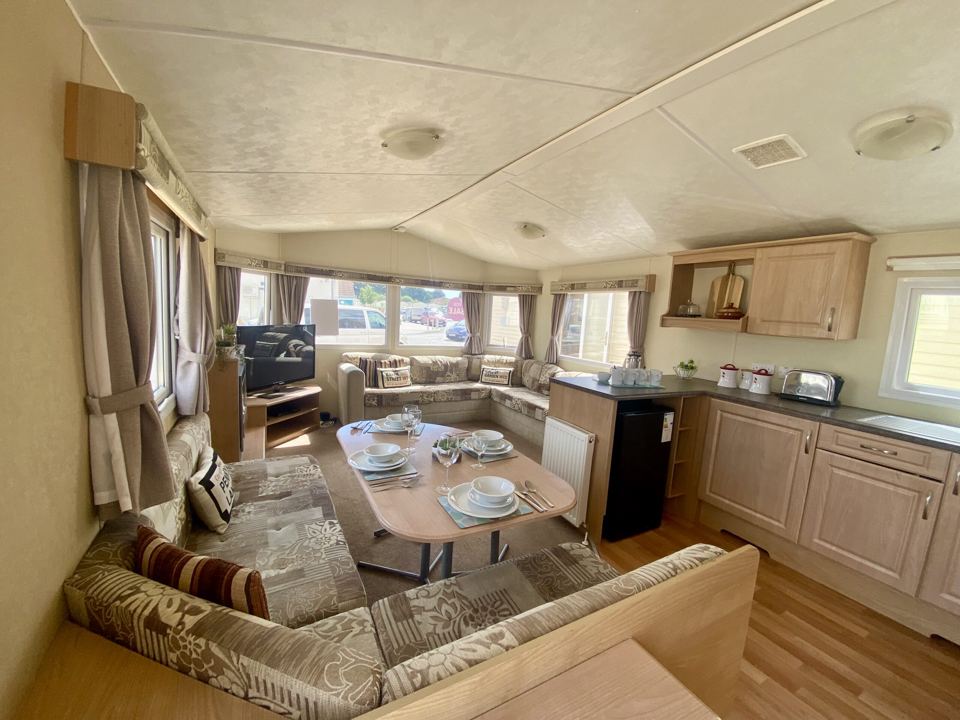 Caravan living area and kitchen
