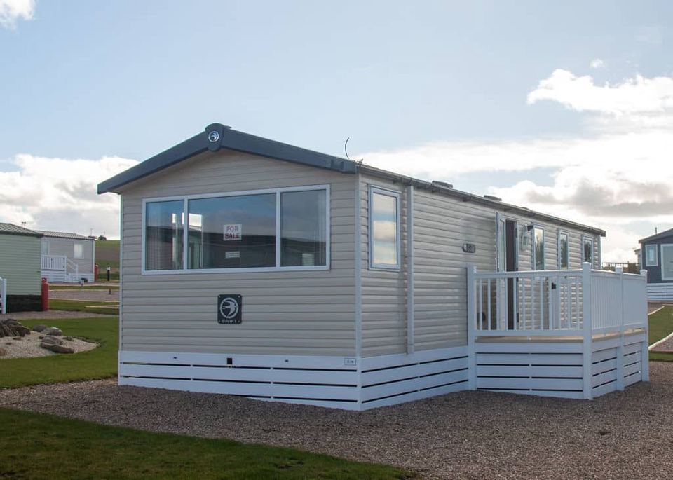 Static caravan with decking