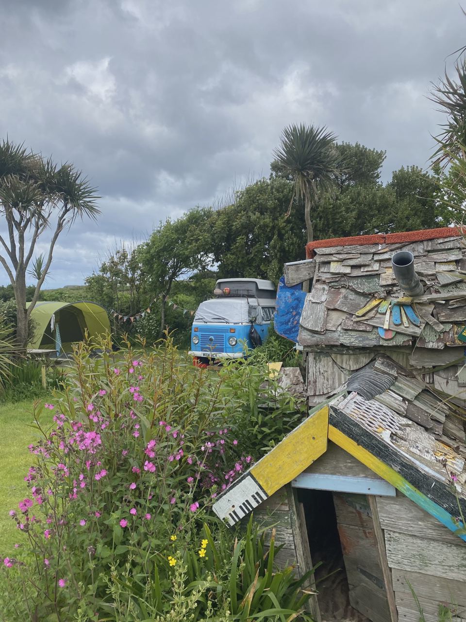 Campervan and wooden hut among flowers