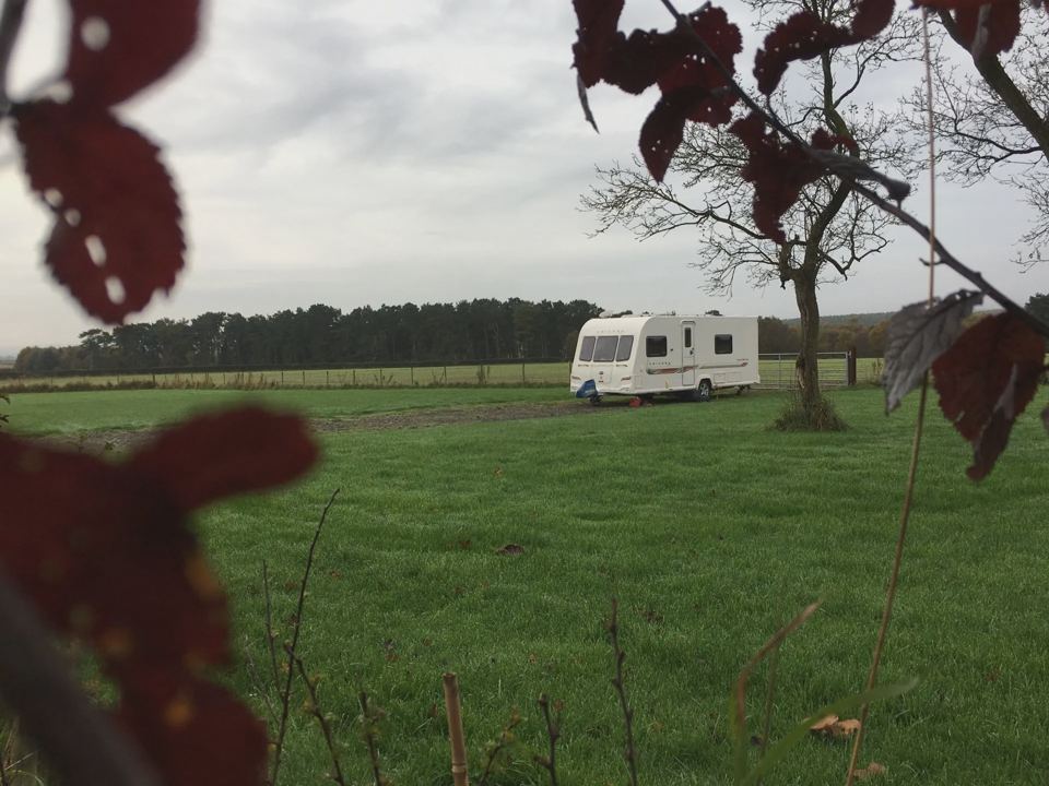 Caravan on the grass in autumn