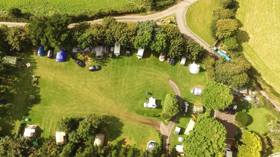 Aerial view of tents on the lawn