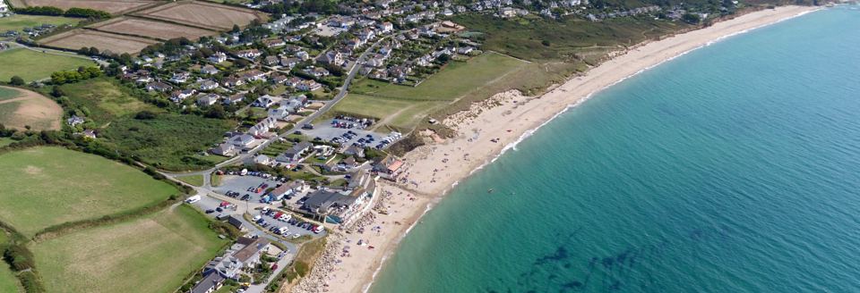 Aerial view of the beach and houses