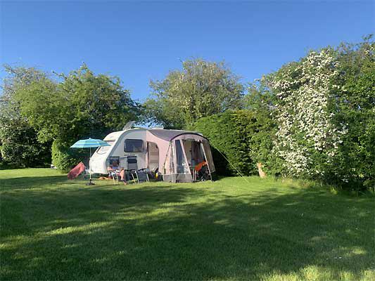 Caravan pitch with hedge backdrop